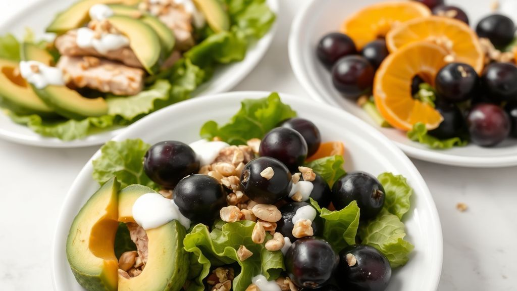 Салат с курицей авокадо и виноградом на тарелке