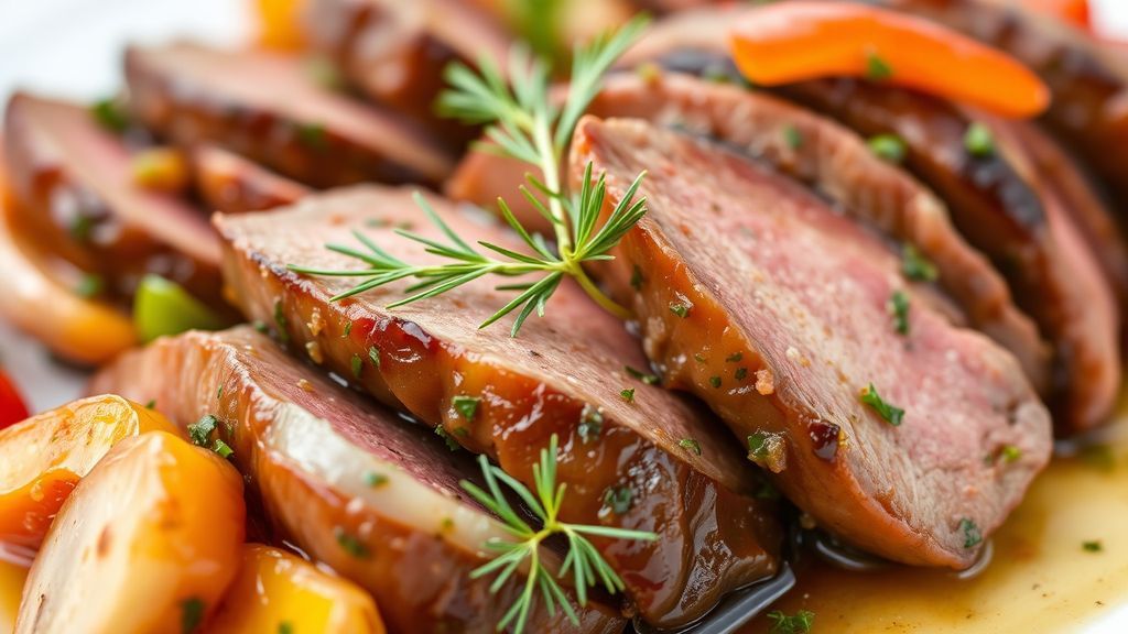 Маринованный говяжий язык с овощами на тарелке