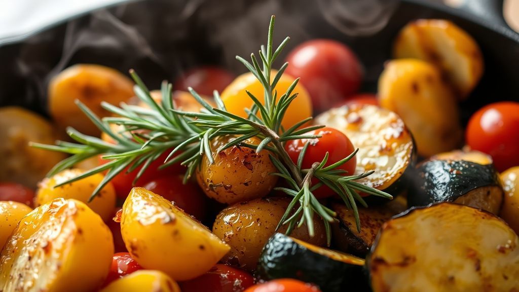 запеченные в сковороде овощи с веточками розмарина и тимьяна