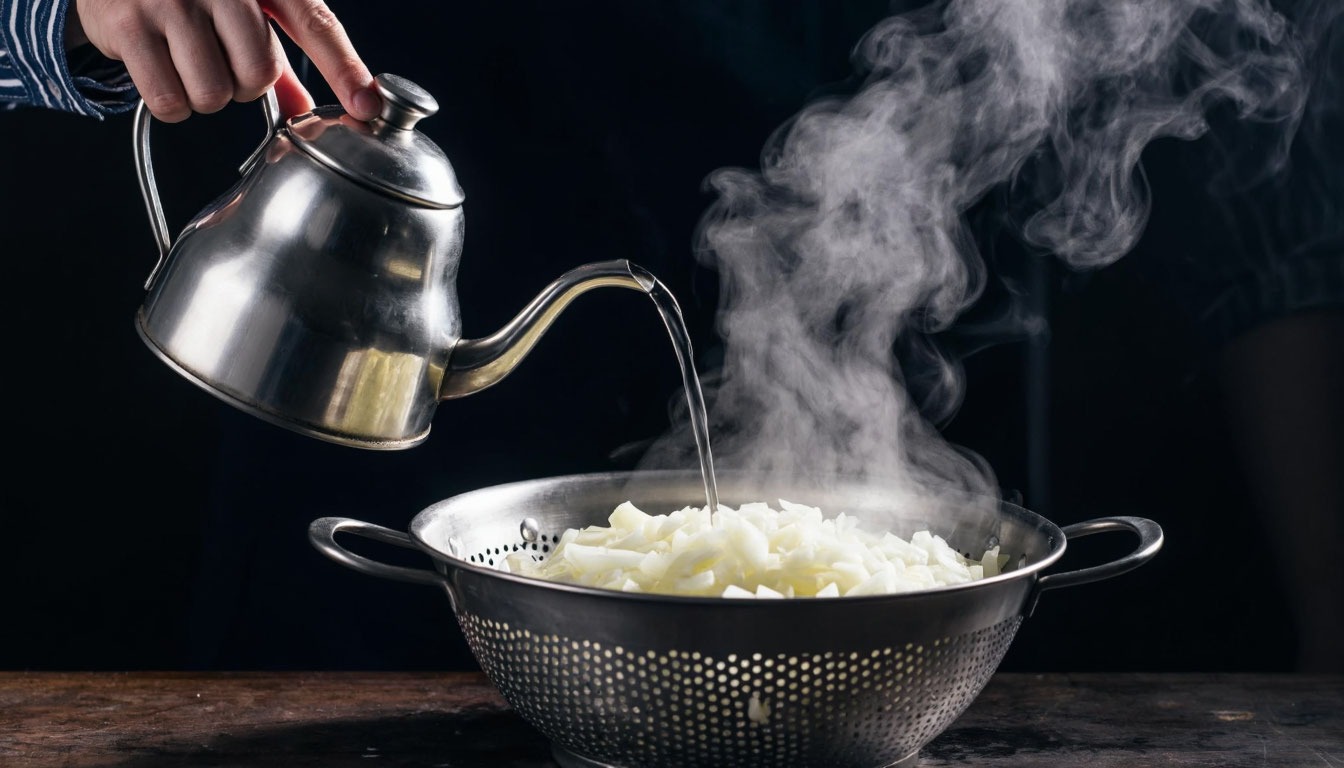 Обработка нарезанного лука кипятком в дуршлаге.