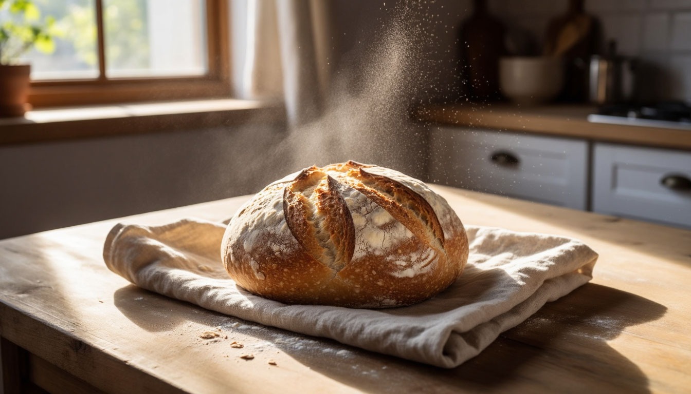 Хлеб на закваске в льняном полотенце на деревянном столе.