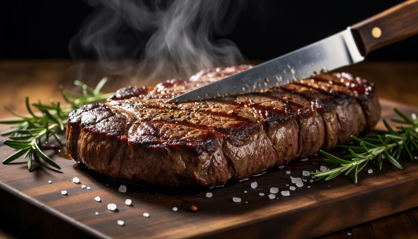 Сочный стейк из говядины, нарезанный на деревянной доске.