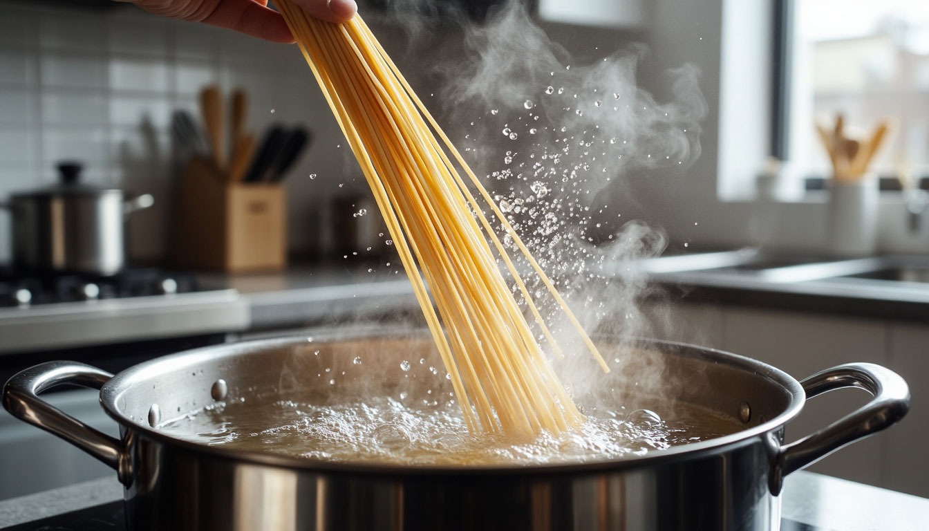 Процесс закладывания спагетти в кипящую подсоленную воду.