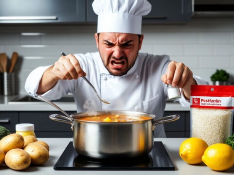 повар исправляет вкус пересоленного супа с помощью картофеля и лимона на кухне