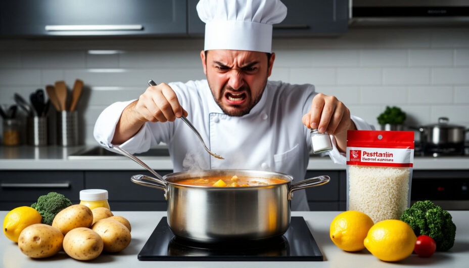 Что делать, если суп пересолен повар исправляет вкус пересоленного супа с помощью картофеля и лимона на кухне