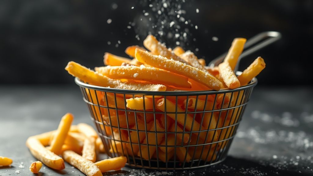 Золотистый картофель фри с крупной солью в металлической корзинке.