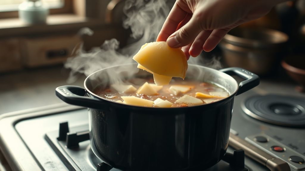 добавление нарезанного картофеля в кастрюлю с кипящим супом для уменьшения солености