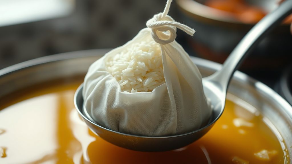 марлевый мешочек с рисом опускается в пересоленный мясной бульон