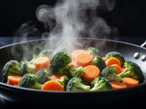 Приготовление замороженных овощей на раскаленной сковороде без разморозки.