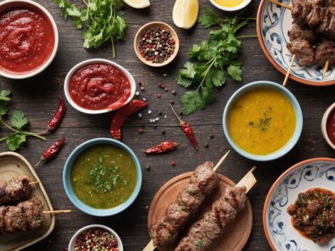 Разные виды соуса ткемали в мисках на столе