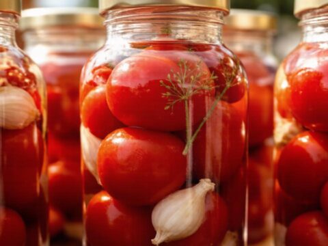 Маринованные красные помидоры в стеклянных банках со специями.