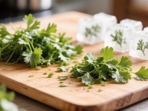 Процесс заготовки и заморозки зелени в кубиках льда